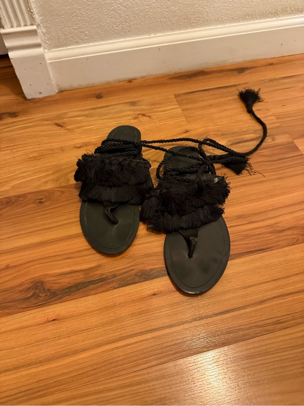 Zara Black Fringe Tie-Up Sandals